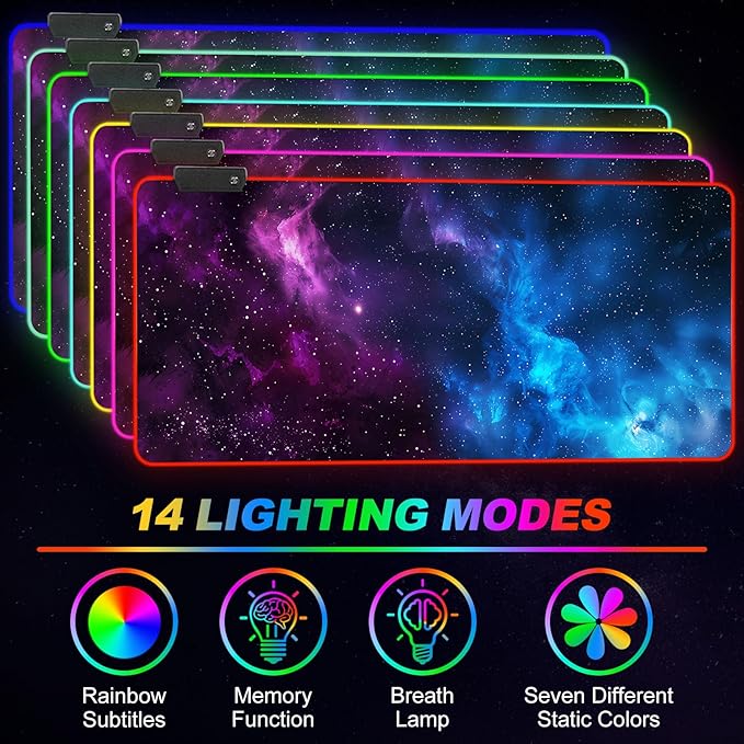 ARTSO RGB Mouse Pad Led,XXL Large Mouse Pad Purple Blue Starry Nebula, Big Mouse mat Computer Mousepad with 14 Light Modes, 35.4 x15.7 Inch Keyboard Mat