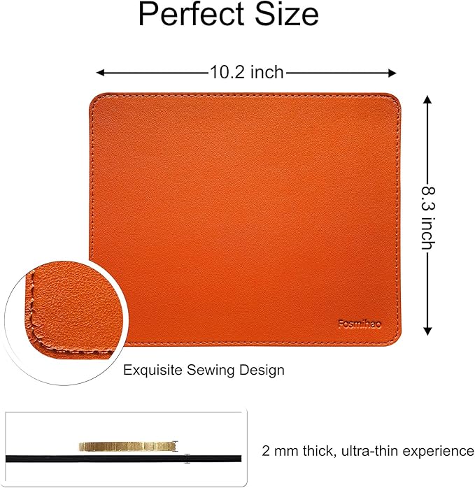 Leather Double Side Mouse Pad With Stitched Edge - Waterproof Ultra Thin for Computers, Laptop, Office & Home, 10.2 x 8.3 Inch, 1 Pack (Orange)