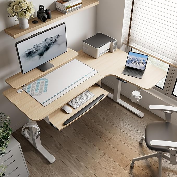 EUREKA ERGONOMIC Standing Desk Adjustable Height 61" Electric Sit Stand Computer Desk L Shaped with Keyboard Tray,Monitor Stand &LED, Dual Motor Memory Presets Sit to Desk Adjustable Desk, Right/Maple