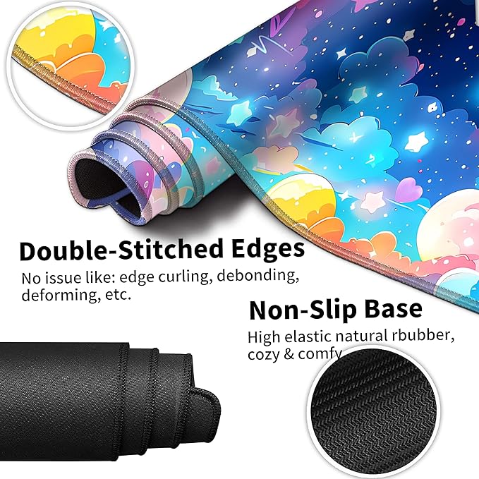 Extended Mouse Pad with Coaster 31.5 x 11.8 Desk Pad Full Desk Mousepad Stitched Edges Desk Mat Long Large Gaming Mouse Pad for Desk Office Home Rainbow Star