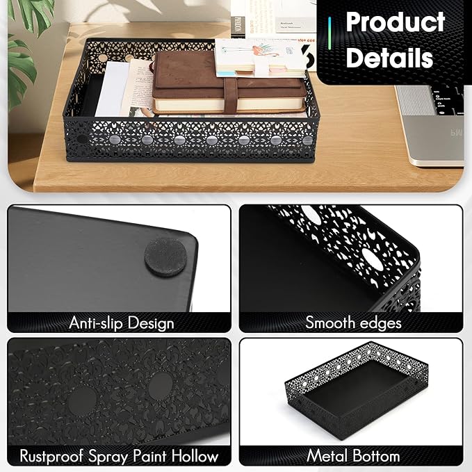 Desk Drawer Organizer, A4 Large Metal Mesh Desk Organizer Tray, Carved Hollow Floral Desk Letter Tray, Versatile Storage Basket for Office Home Supplies,13x9x3 inches (Round Holes,1 PC)