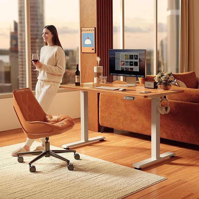 FEZIBO 40 x 24 Inchs Electric Standing Desk, Height Adjustable, Sit Stand Up, Computer Office Desk with Splice Board, White Frame/Light Rustic Top