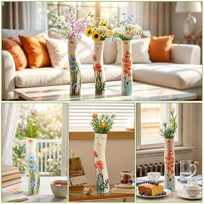 Cute Face Bud Vase, Hand Painted Resin Mini Vase, Boho Decorative Vase for Desk Shelf Living Room Decor, Unique Gift Idea for Women (Lips & Orange Blooms)