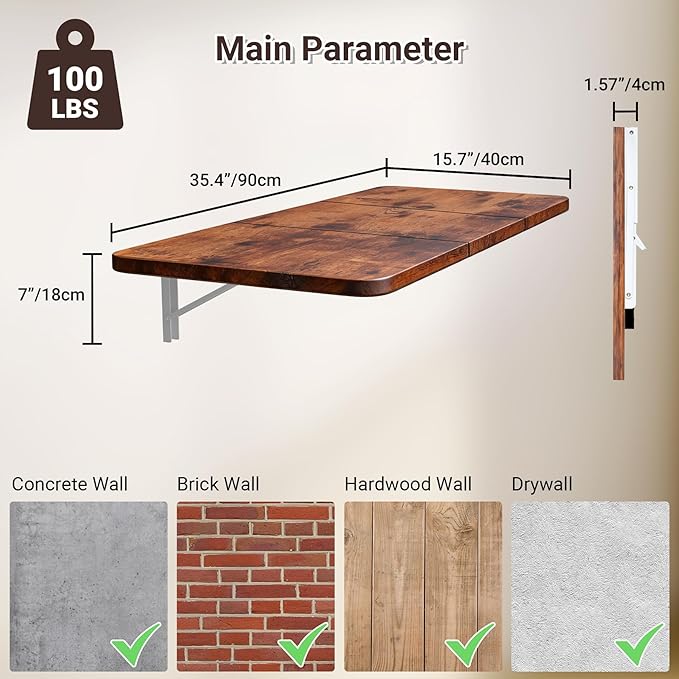 Neoaider Wall Mounted Folding Desk 35.4” x 15.7”, Drop Down Table with Metal Collapsible Brackets, Folding Wall Table for Small Spaces, Home, Office, Kitchen, Laundry Room-Brown