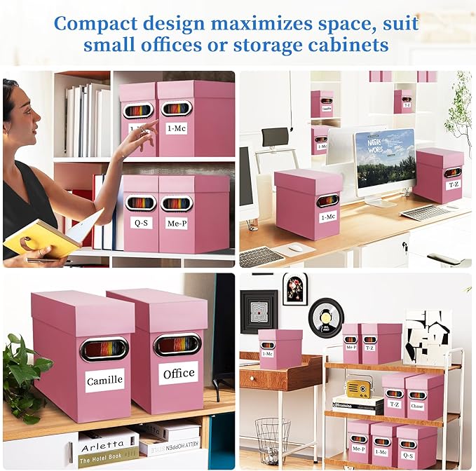File Organizer Box with Lid & Handle, Heavy Duty Hanging File Folder Storage Boxes for Letter Size, Portable Filing Organizer for Office, Home, Classroom, Pink 4 Pack