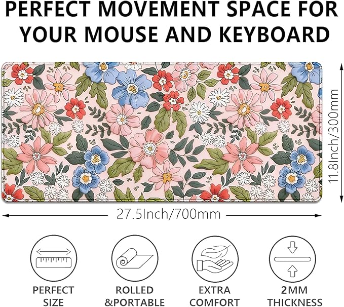 Pink Floral Large Mouse Pad Desk Pad,Flowers Extended Keyboard Mousepad with Stitched Edges, Waterproof Non-Slip Rubber Base for Office Computer Laptop Home 27.5x11.8 in