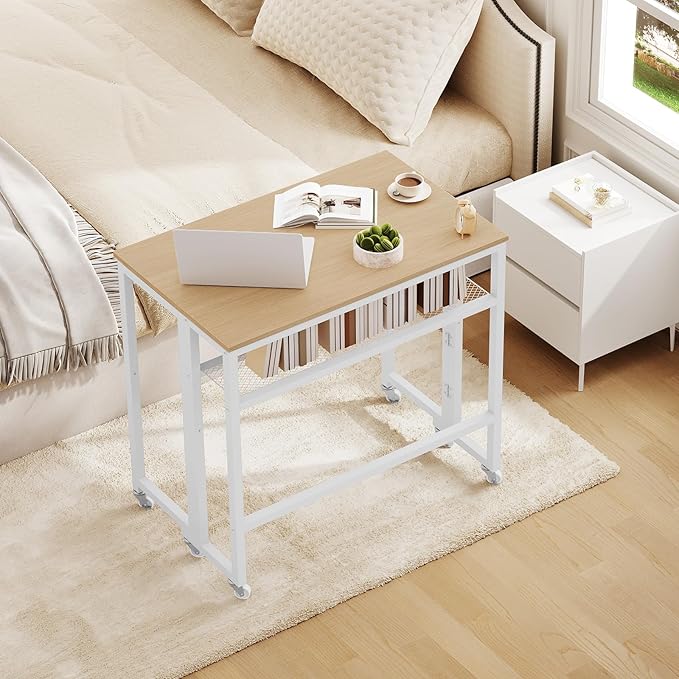 YATINEY Folding Computer Desk with Storage Shelf, 25.2" Rolling Folding Desk with Wheels, for Small Spaces, Living Room, Bedroom, Office, White and Natural DN08WN