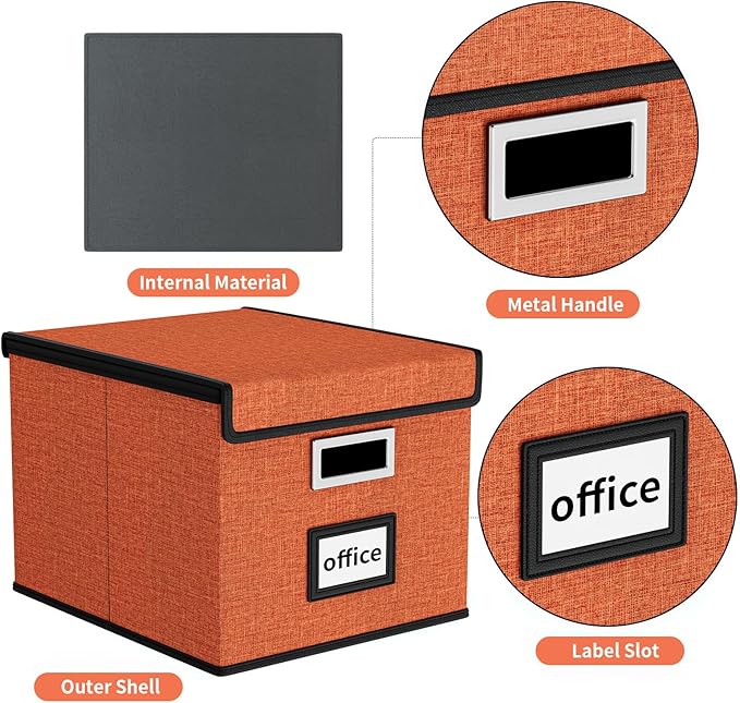 File Organizer Box with Lid, Collapsible File Folder Organizer for Office Document Storage, Filing Box with Plastic Slide for Letter Size Hanging File Folders(1 Pack, Reddish Organge)