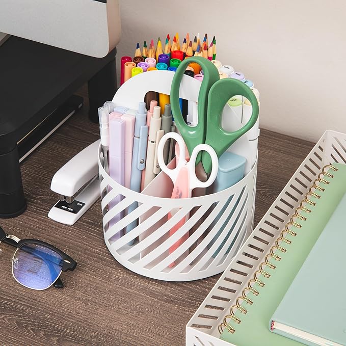 Mind Reader Round Metal Desktop Carousel Organizer with Handle, Four Compartments, Office Supplies and Accessories, Metal, White