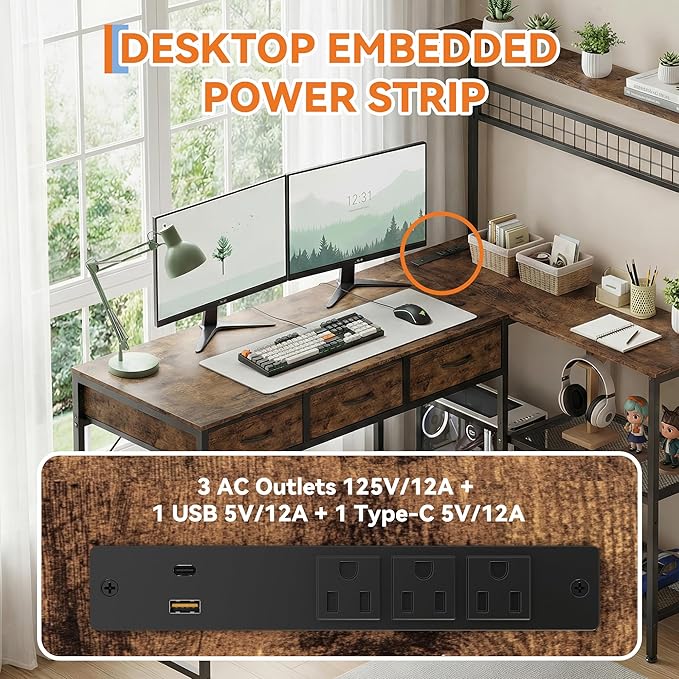 Garvee Computer Desk with 3 Fabric Drawers, 50.4 in l-Desk Display Shelves with Led Light & Power Outlet, PC Table Workstation for Home Office, Gaming Desk for Small Spaces, Rustic Brown