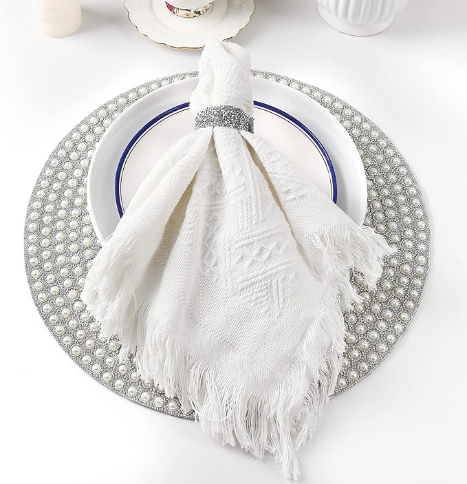 Pearl Round Placemats Set of 4, 15-inch Anti-Slip Tablescapes Decorations Sparkling Bling Rhinestones Silver Placemat for Nightstand Tablecloths Centerpiece Standing T-Lights Candles Vases Mat