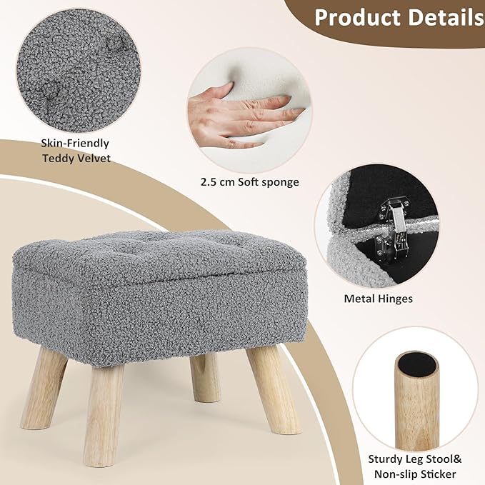 OGEMXU Storage Ottoman, Small Storage Ottoman Foot Stool with Wood Legs, Teddy Velvet Rectangular Foot Rest for Chair, Soft Sponge White Footstool for Living Room, Couch, Bedroom, Dorm (Grizzly)