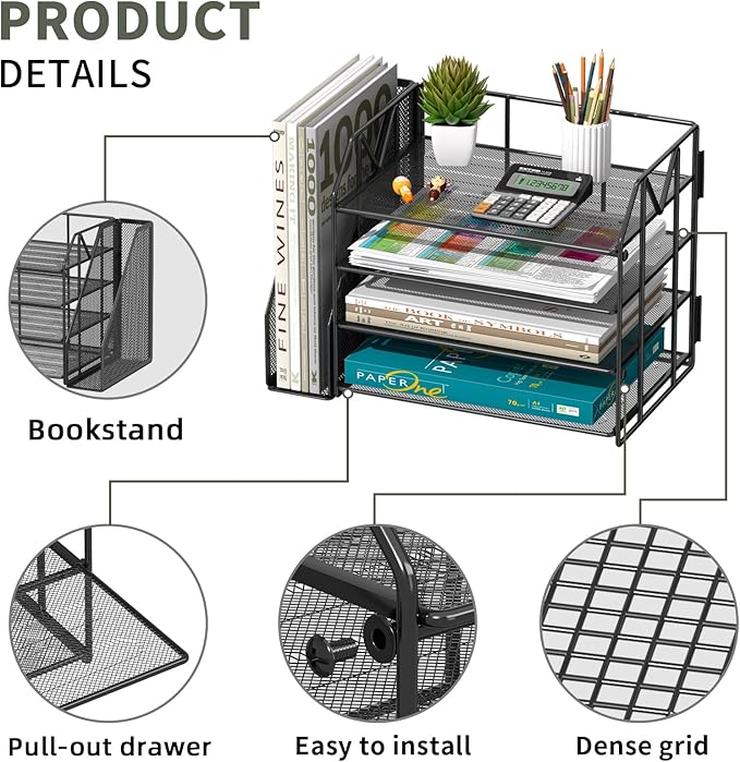 4-Tier Paper File Organizer with Drawer, Metal Desk Organizer, Tiered Paper Tray for Letter/A4 Files, Desktop Office Supplies Storage Rack, Black