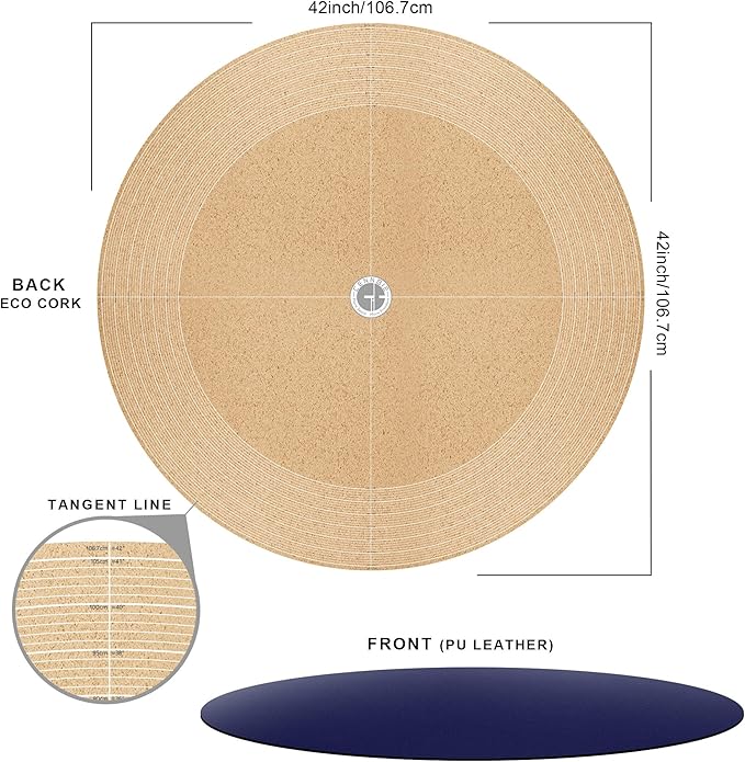 CENNBIE 42 Inches Round Table Pad- Cork & Leather Table Mat - Suitable as Side Dining Coffee Table Cover Protector - Can Be Cut to Fit (30"-42", Blue)