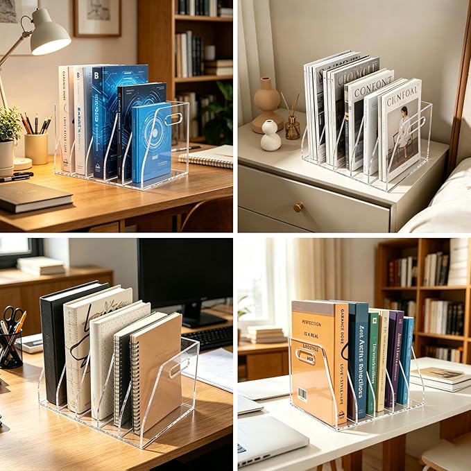 Acrylic Magazine File Holder, 5 Vertical Compartments Desk Document Sorter Organizer, Clear Bookend File Sorter Holder for Office, Documents, Tablets, Magazines, Books