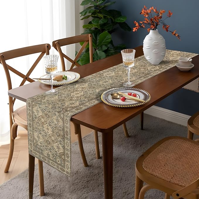 Boho Floral Grey Table Runner,Vintage Elegant Farmhouse Table Center Linen Decor,Country Rustic Farmhouse Magical Fall Kitchen Dining Table Decoration for Home Dining Party Decor 13x72 Inch