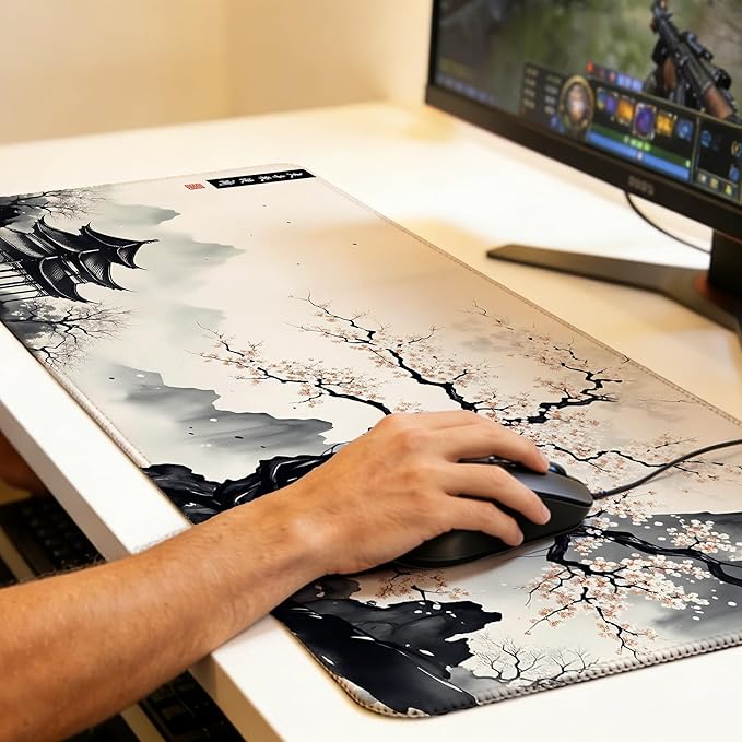 Japanese Cherry Blossom Mouse Pad,35.4 x 15.7 Inch Large Mouse Mat Non-Slip Rubber Stitched Edges for Writing Desk,Office,Home,Laptop