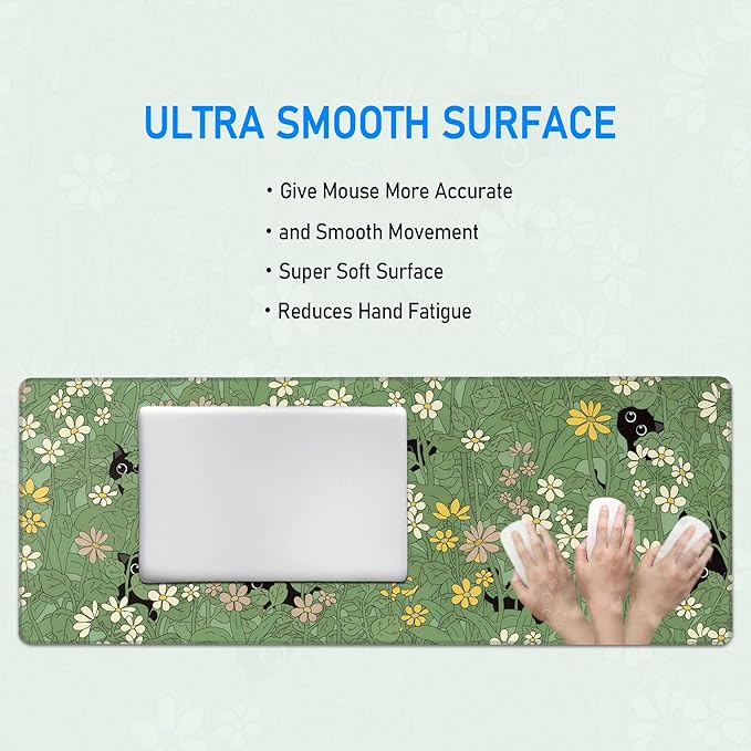 Large Green Gaming Mousepad,Cat Cute Desk Decor Mat,Kawaii Black Cat Plant Aesthetic Extended Keyboard Mouse Pad with Non-Slip Base and Stitched Edge,31.5 x 12in
