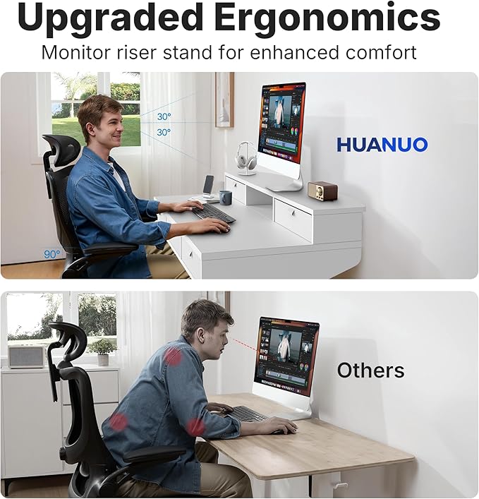 HUANUO 48 X 24 inch Electric Standing Desk with 4 Drawers, Adjustable Height Sit Stand Home Office Desk, C-Clamp Mount Compatible, Ergonomic Stand up Desk with 4 Preset Heights, White