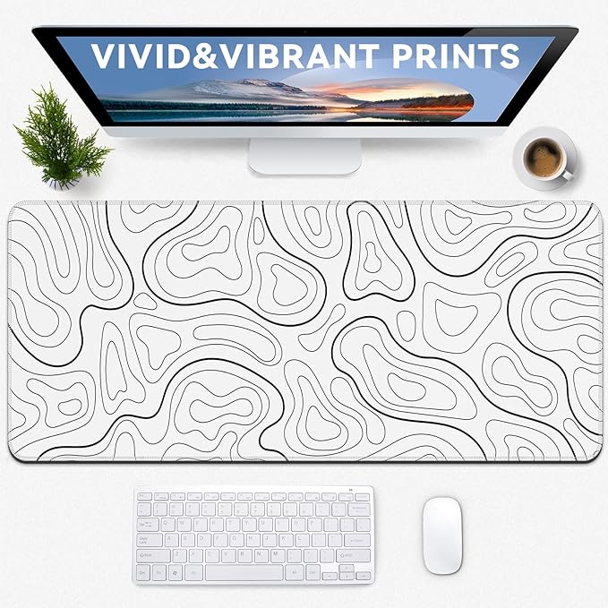 Gaming Mouse Pad Big Mousepad with Non-Slip Rubber Base, 31.5 x 11.8 in XL Large Desk Mat for Gaming Home Office, Long Keyboard Pad Mouse Mat for Computer with Stitched Edges, White Topographic