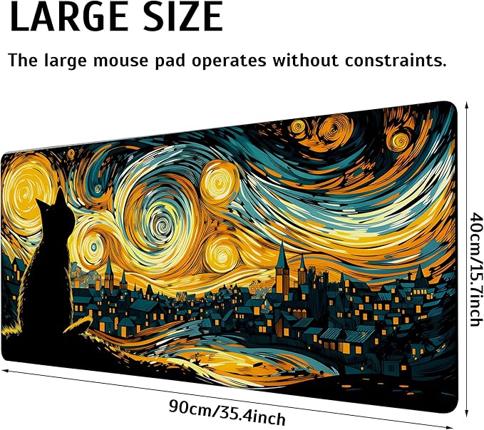 Yellow Starry Night Cat Mouse Pad,35.4 x 15.7 Inch Large Mouse Mat Non-Slip Rubber Stitched Edges for Writing Desk,Office,Home,Laptop