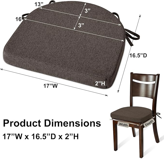 Shinnwa Kitchen Chair Cushions Set of 6, Non-Slip Dining Chair Cushions with Ties and Machine Washable Cover, 6 Pack, 17 x 16.5 x 2in, Dark Brown