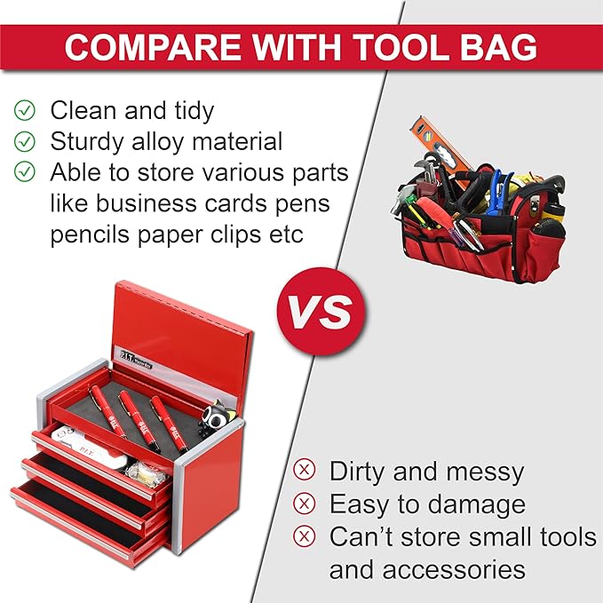 P.I.T. Mini Tool Box 8.6"W X 4.6"D, Portable 3 Drawer Steel Stackable Red Tool Box with Magnetic Tab Locking, Red Micro Top Chest with Liner for Tools Storage and Organizers, Home DIY