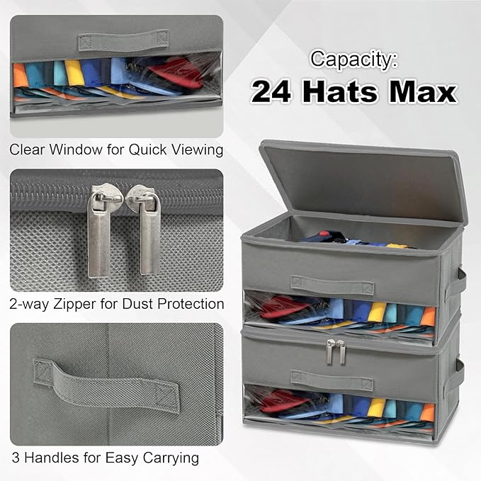 2 PCS Stackable Hat Storage for Baseball Caps, Space Saving Hat Organizer Box for Closet, with All Around Cardboard Support, Zipper Lid, Clear Window and 3 Handle, Each Holds 12 Hats