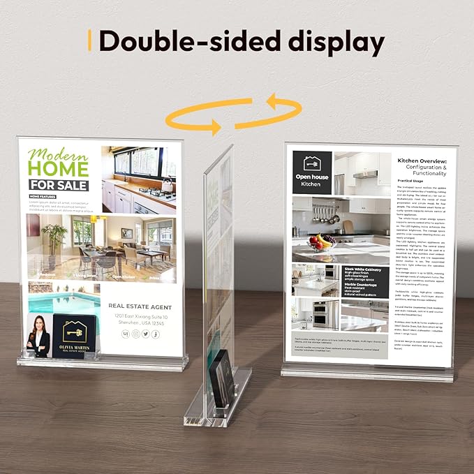 NIUBEE Acrylic Sign Holder for Realtor: 8.5 x 11 Sign Stand with Business Card Pocket for Open House - Clear Real Estate Property Document Name Card Display Supplies on Table - 3 Pack