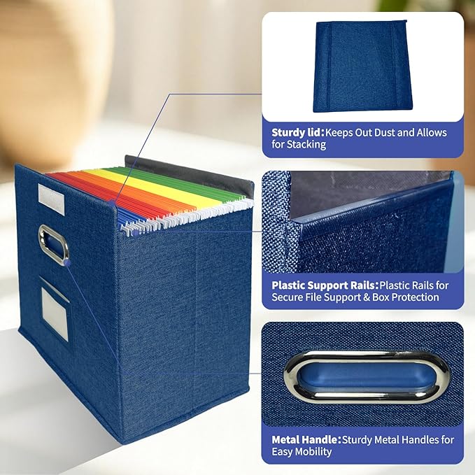 2 Pack Hanging File Folder Box with Lid, Durable Letter Size Filing Storage Box, Sturdy File Holder with Cardboard Support PVC Rails for Office Home Organizer, Blue