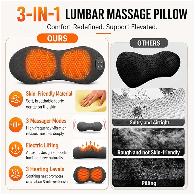 Upgraded Cordless Lumbar Support Pillow for Pain Relief Deep Tissue, 3-in-1 Heated Lower Back Massager Pillow with 3000mAh Battery, Heat, Massage, Electric Stretch, Back Support Pillow for Chair Car