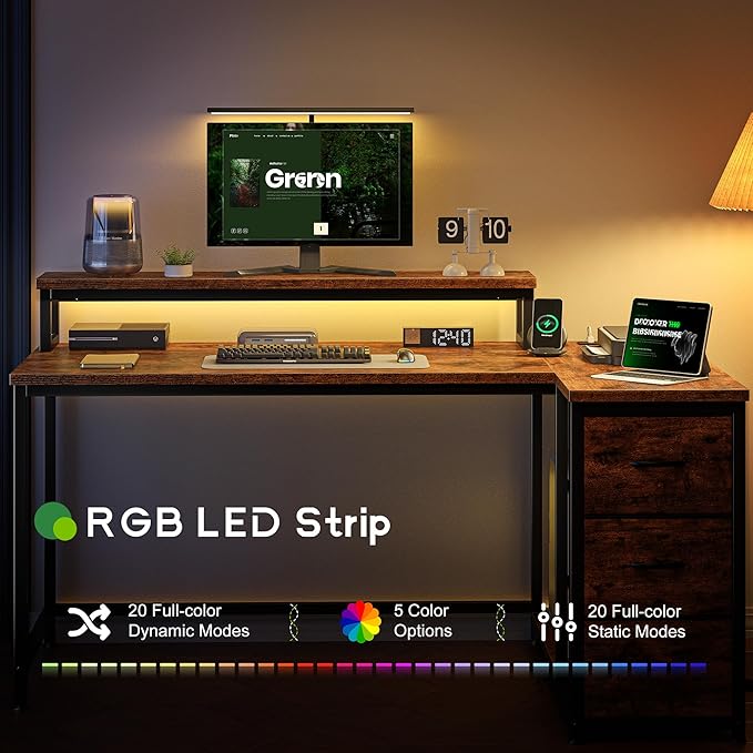 EnHomee 48" L-Shaped Computer Desk with 3 Drawers, 35.4" Monitor Riser, RGB LED Lights,3 AC outlets & 1 Type-C Charging Station, Reversible Corner Gaming Desk for Home Office, Study Room,Rustic Brown