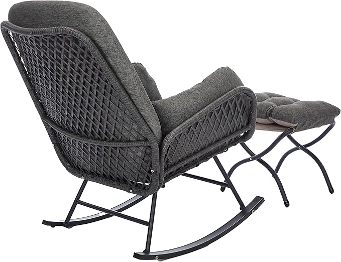 Outdoor Rocking Chair with Ottoman, Patio Glider Rocking Chair with Cushion, Indoor Reading Chair with Foot Rest, Comfy Rattan Lounge Chair with Footstool for Porch, Bedroom, Living Room, Dark Grey