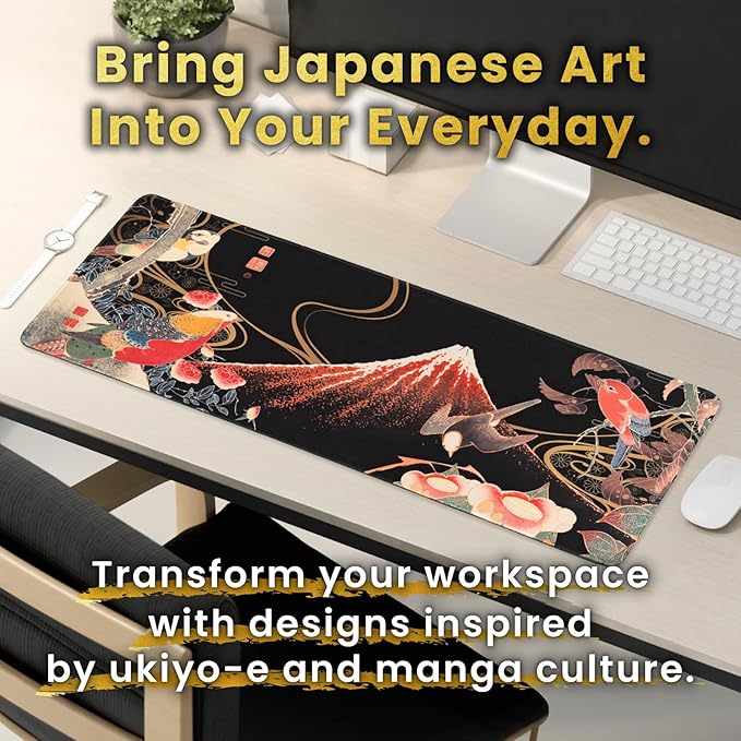 BELLEMOND Japanese Art Desk Mat | Large 31.5x11.8in Anime Mouse Pad for Keyboard & Mouse | Non-Slip Base, Water-Repellent | Original Japanese Design | Crimson Wings Over Fuji