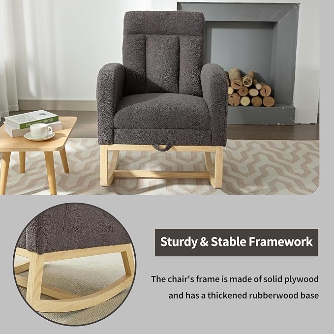 Nursery Rocking Chair with Foot Rest, Teddy Upholstered Nursery Glider Rocker Chair with Solid Wood Legs & 2 Side Pockets Comfy Armchair for Living Room Lounge Bedroom (C-Grey)