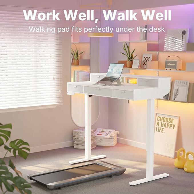 HUANUO 48 X 24 inch Electric Standing Desk with 4 Drawers, Adjustable Height Sit Stand Home Office Desk, C-Clamp Mount Compatible, Ergonomic Stand up Desk with 4 Preset Heights, White