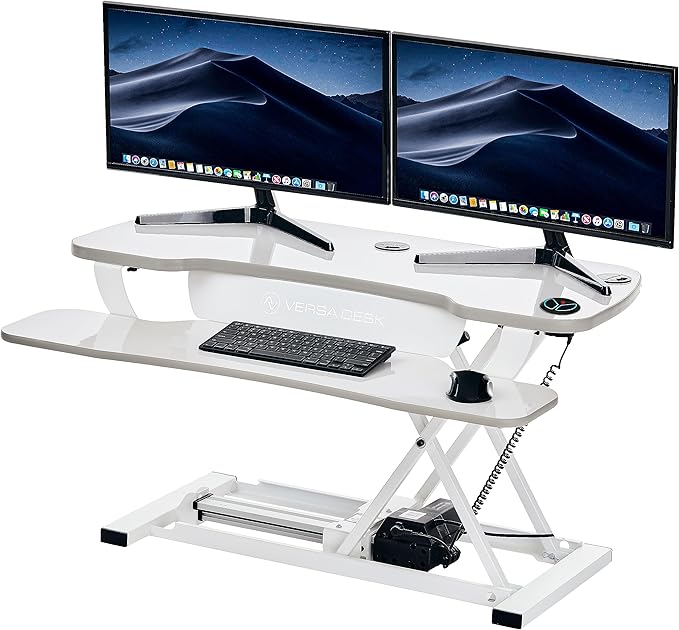 VERSADESK PowerPro 40 Inch Electric Standing Desk Converter – Push-Button Height Adjustable Sit to Stand Desk Riser for Triple Monitors & Laptop – Motorized Desktop Workstation with Wide Keyboard Tray