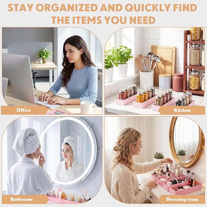 Teling 6 Pcs Pink Large Rectangular Desk Organizer Set, Half Accessory Tray, Plastic Tabletop Organizer for Office, Home, or Study, Dimensions: 9.45 x 2.95 x 1.38 Inches
