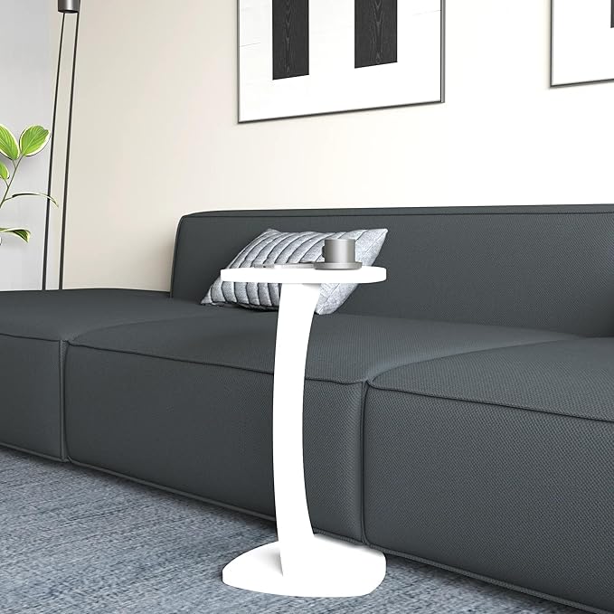 C Shaped Triangular Top Design Table for Couch Small Places, Space Saver Sheild Shape Side Table for Sofa and Bedside with Wheels, Coffee and Eating Snack Time Tray for Living Room, Office (White)