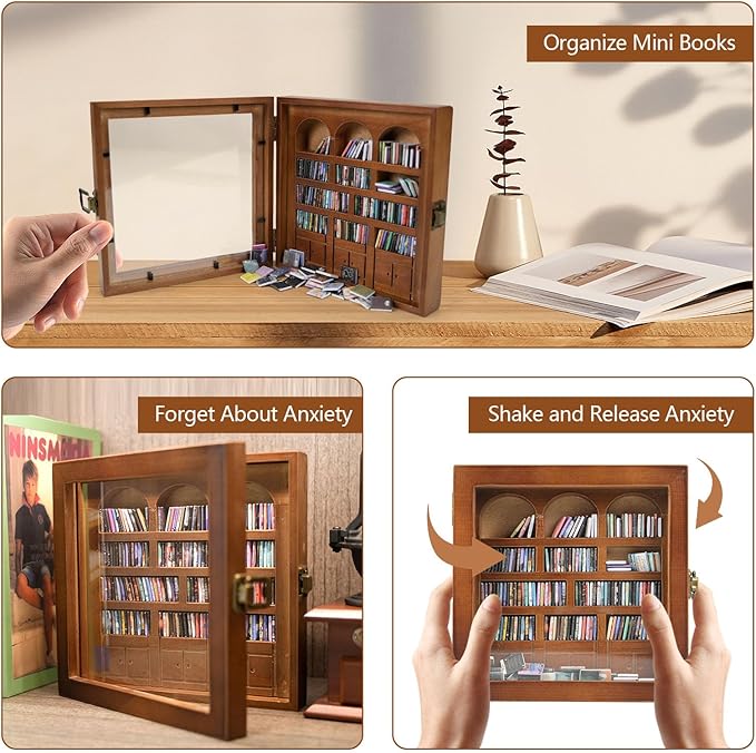 Anxiety Bookshelf – Mini Books Display for Stress Relief and Fun Decor, Perfect Decorative Miniature Library for Book Lovers, Ideal for Home Decor, Office Décor, and Thoughtful Gift - Walnut