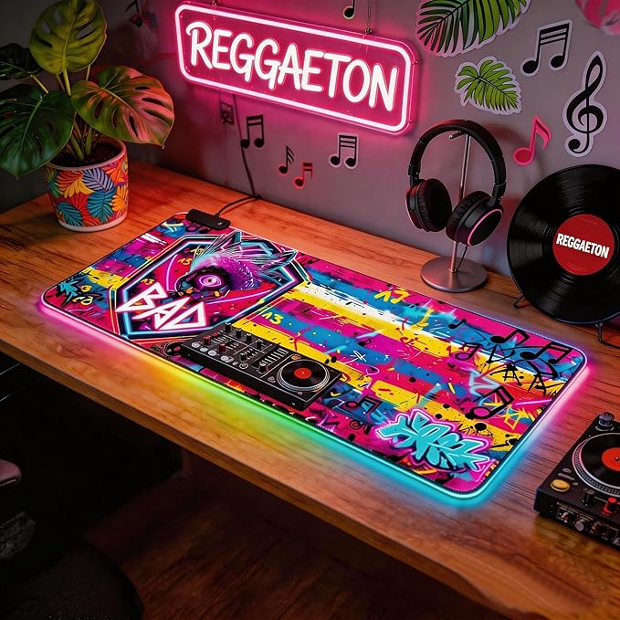 Cyberpunk Neon Rabbit RGB Gaming Mouse Pad – 31.5"x11.8" Large LED Desk Mat with Urban Street Art Design Third Eye, Shield & Straw Hat Motif for PC & Laptop Setup