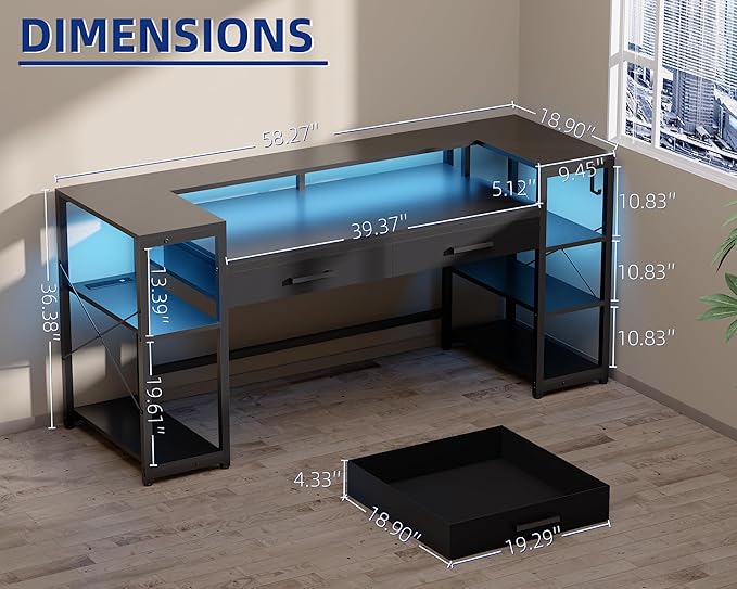 Pamray 58 Inch Computer Desk with Monitor Stand and Shelves Gaming Desk with LED Lights & Power Outlets PC Vanity Table with 2 Drawers for Home Office Marble