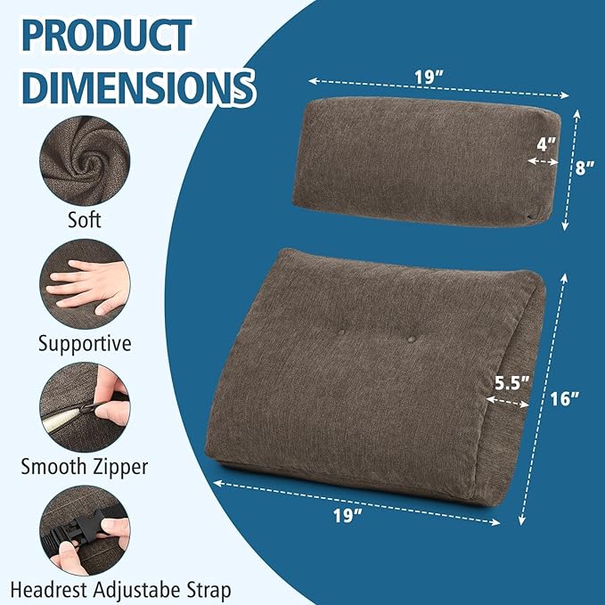 Lumbar Support Pillow for Recliner Chair with Headrest, Dual-Layer Large Back Pillow for Deep Couch & Sofa, Memory Foam Lower Back Support Cushion Set for Sciatica Relief Brown