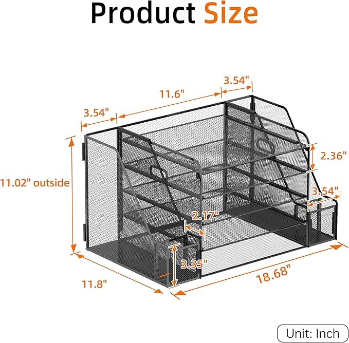 SUPEASY Desk Organizer, 5-Tier Mesh Desktop File Organizer with Bookends, File Holder, 2 Pen Cups and Paper Letter Trays, Large-Capacity Metal Organizer for Home, Office or School