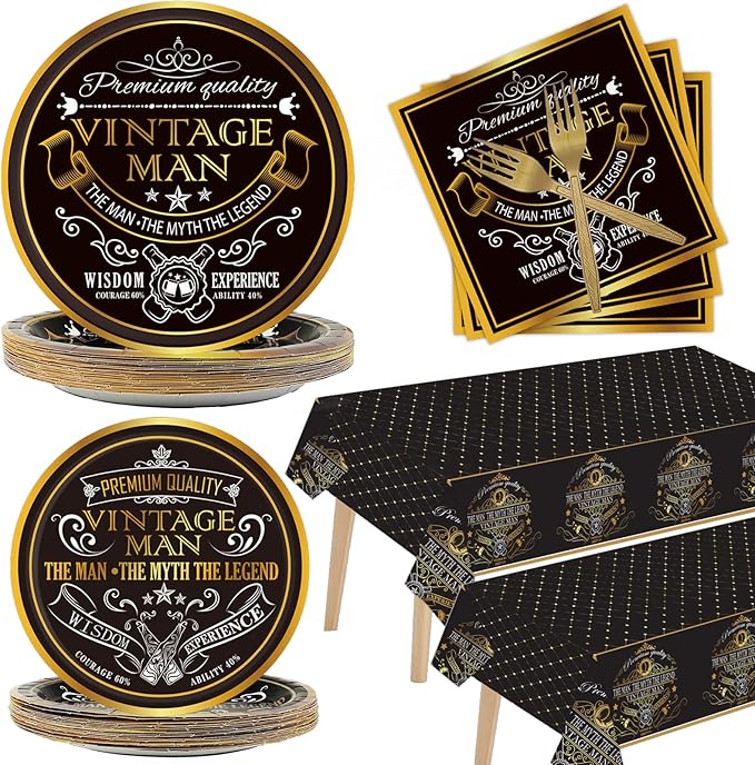gisgfim Vintage Man Party Supplies Tableware Set for 24 Guests Vintage Man Birthday Party Plates Aged to Party Decorations Includes Plates, Napkins, Tablecloths