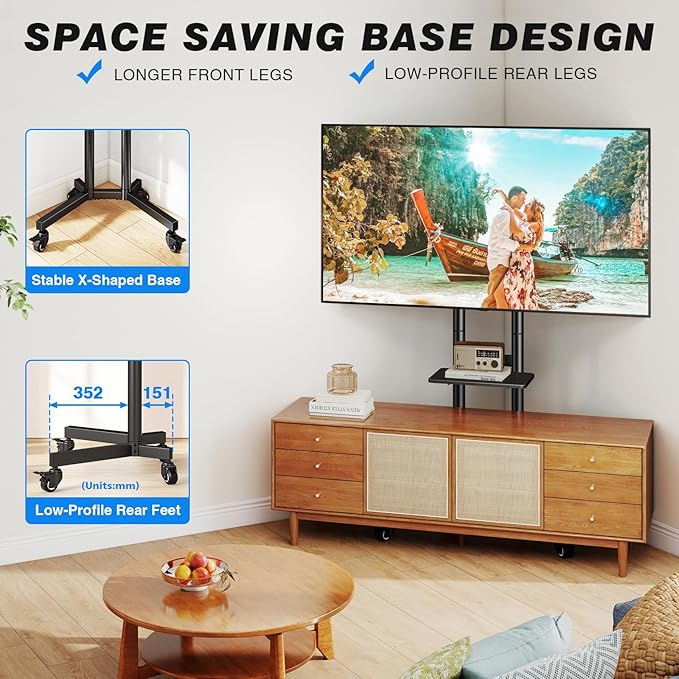 Rolling TV Stand with Shelf for 32-85 inch TVs up to 150lbs, Portable Mobile TV Cart with Silent Wheel, Height Adjustable Universal Corner TV Stand for Bedroom, Living Room, Office
