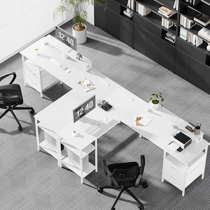 DUMOS 62 Inch L Shaped Gaming Desk with Charging Station & 2 Monitor Stands, Computer Desk with Drawer & Adjustable Storage Shelves, Large Corner Desk for Home Office, Light White
