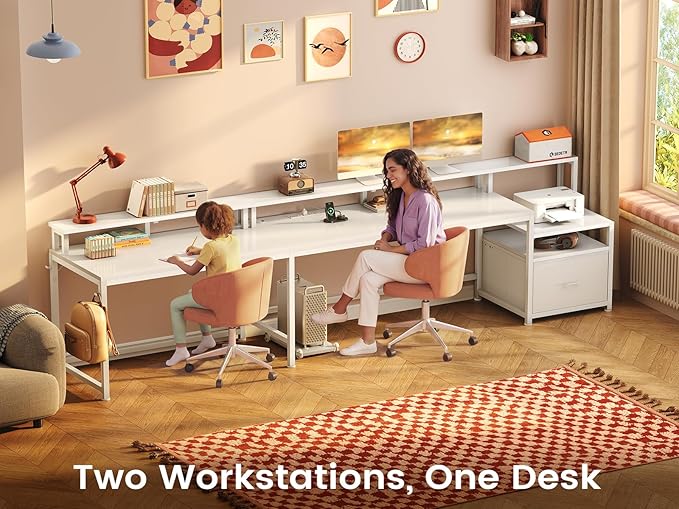 SEDETA 66" L Shaped Desk with Power Outlet, Reversible Home Office Computer Desk with File Drawer & Monitor Shelf, Storage Shelves, LED Lights for Corner Small Spaces, White