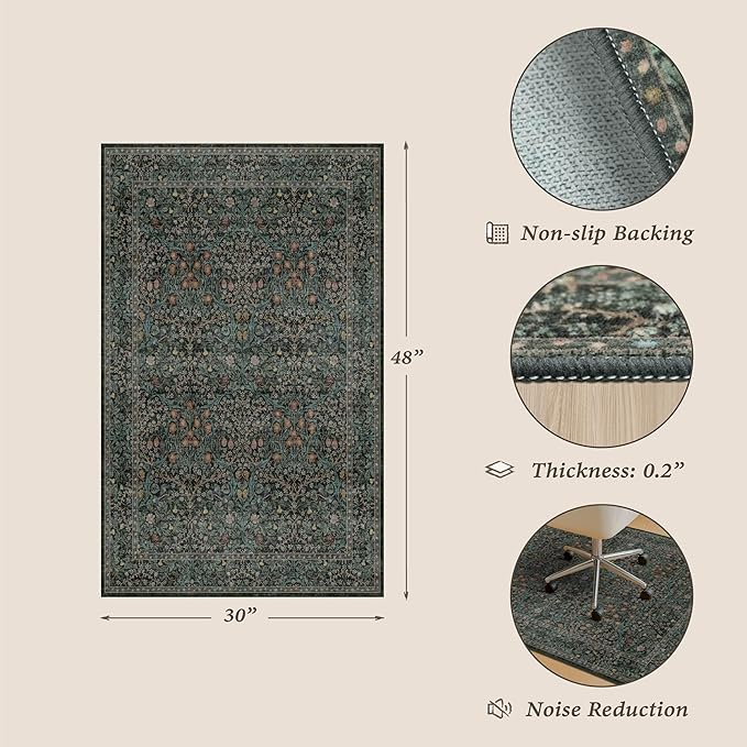Washable 2'5"x4' Dark Green Office Chair Mat for Hardwood & Tile Floor, Vintage Floral Under Desk Rug, Floor Protector for Rolling Chairs, Office Oriental Low Pile Non Slip & Stain Resistant
