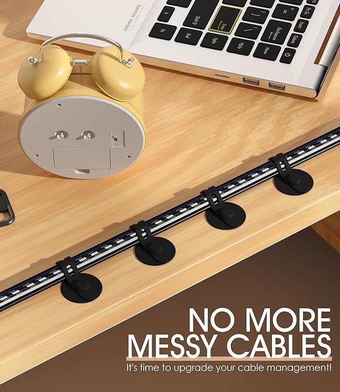 Cable Management Under Desk, Adjustable Self-Adhesive Silicone Cable Ties Cord Organizer, Reusable Heavy-Duty Cord Holder Under Table for Office, Home, School (20Pcs-Black)